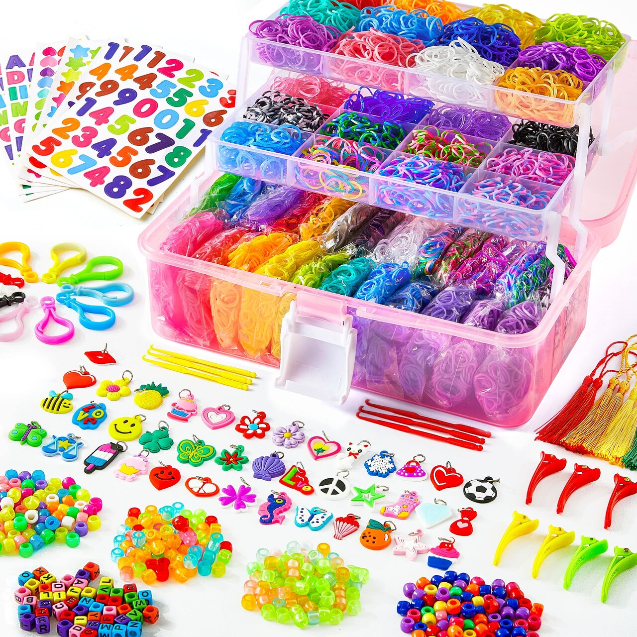 17500+ Rubber Loom Bands with 3 Layer Pink Container, 28 Colors, 600 S-Clips, 352 Beads, 40 Cartoon Pendant, Bracelet Making Refill Kit for Kids